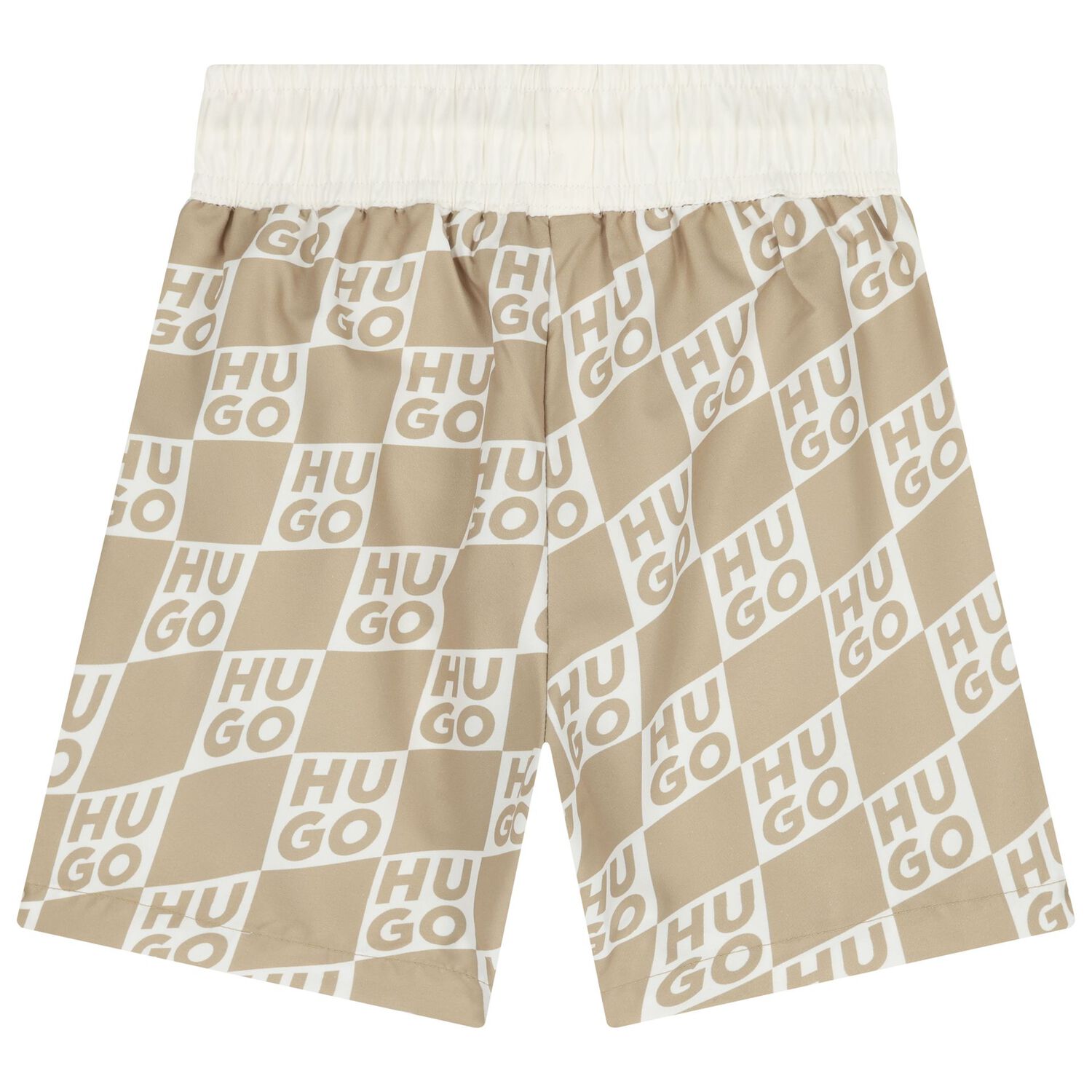 Boys Beige & White Check Logo Swim Shorts, 1, hi-res