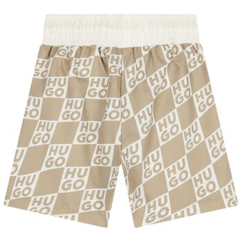 Boys Beige & White Check Logo Swim Shorts