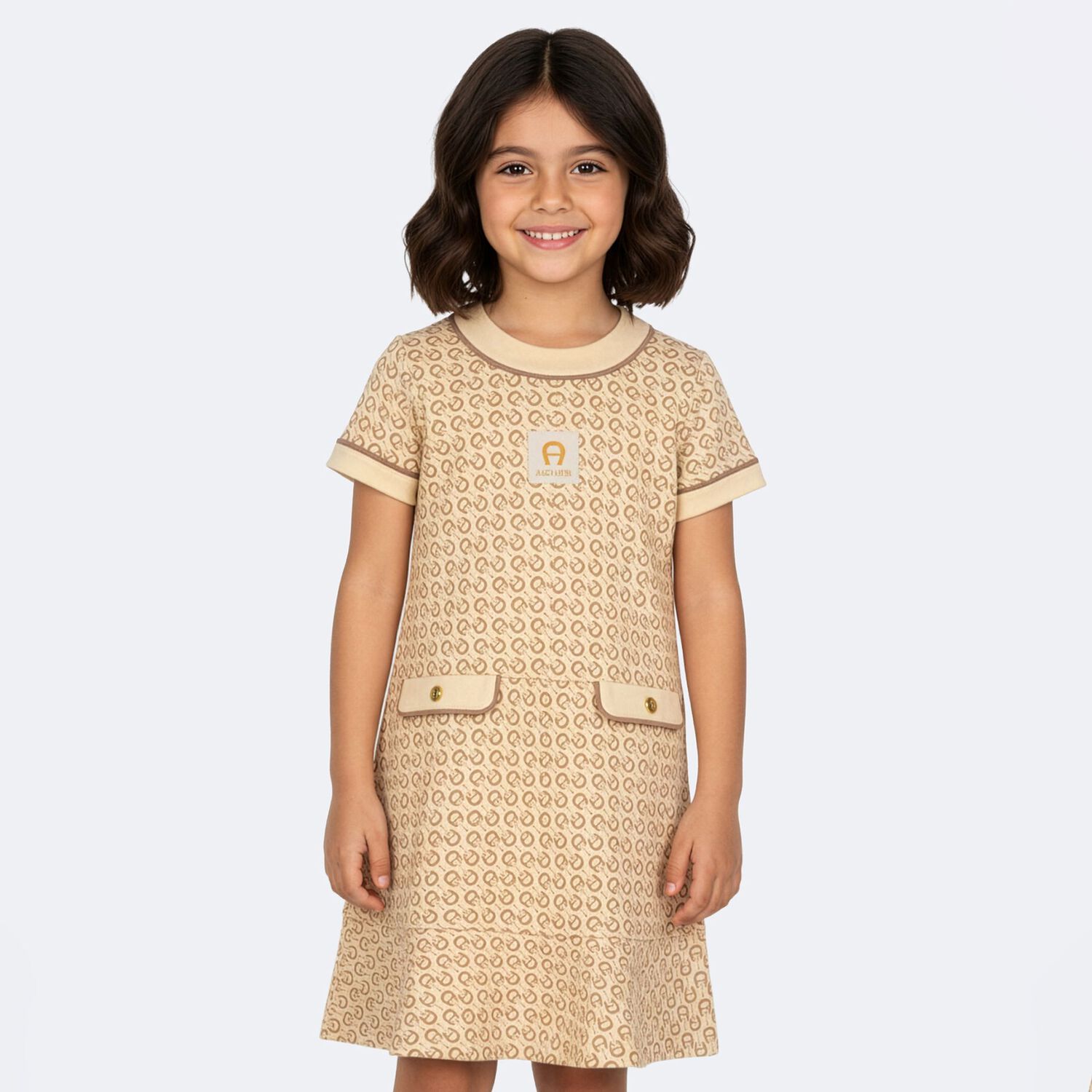 Girls Beige Logo Dress, 2, hi-res