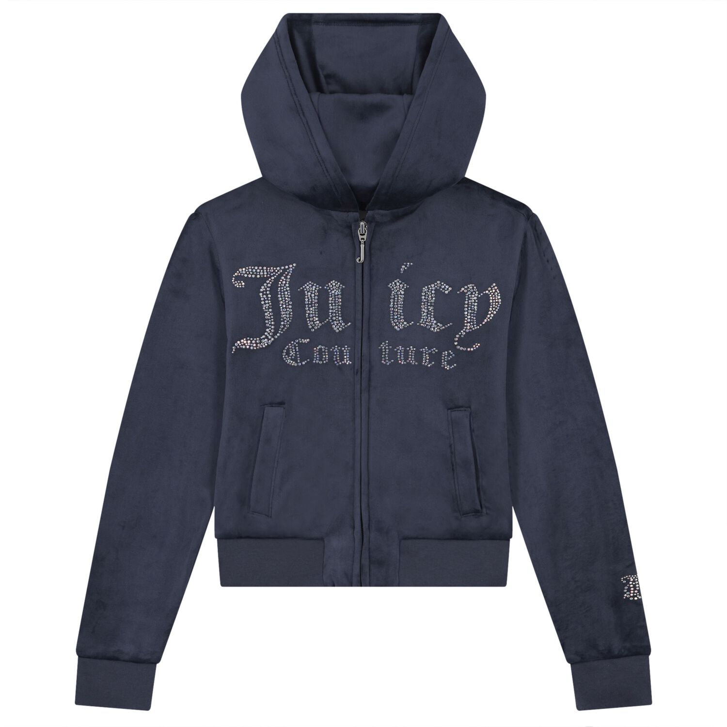 Girls Navy Blue Embellished Logo Hooded Zip Up Top, 1, hi-res