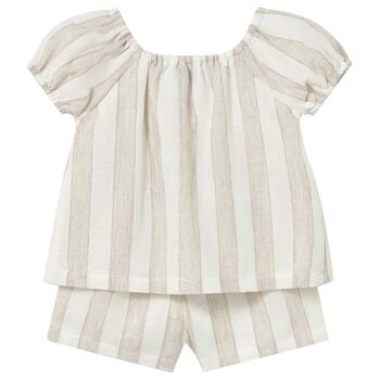 Younger Girls Beige & White Striped Shorts Set