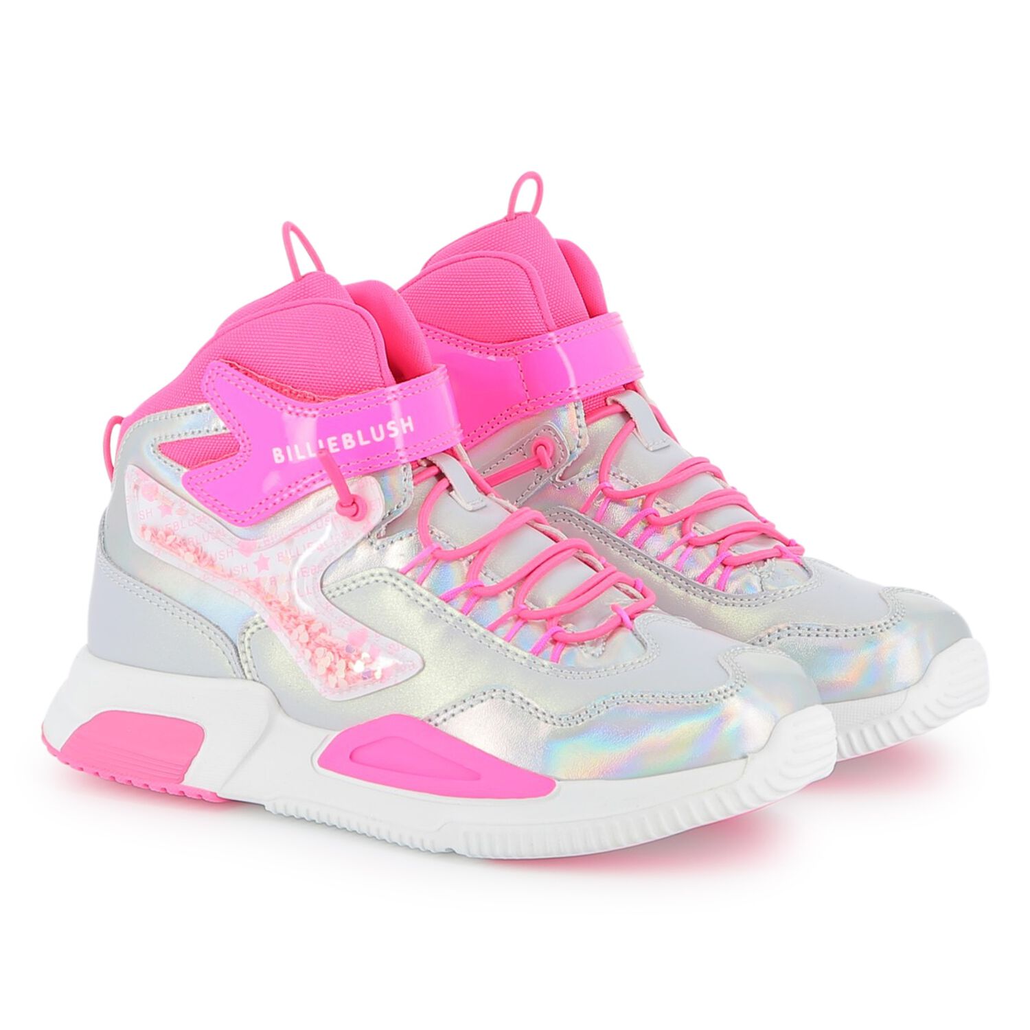 Girls Silver & Pink Faux Leather Trainers, 1, hi-res