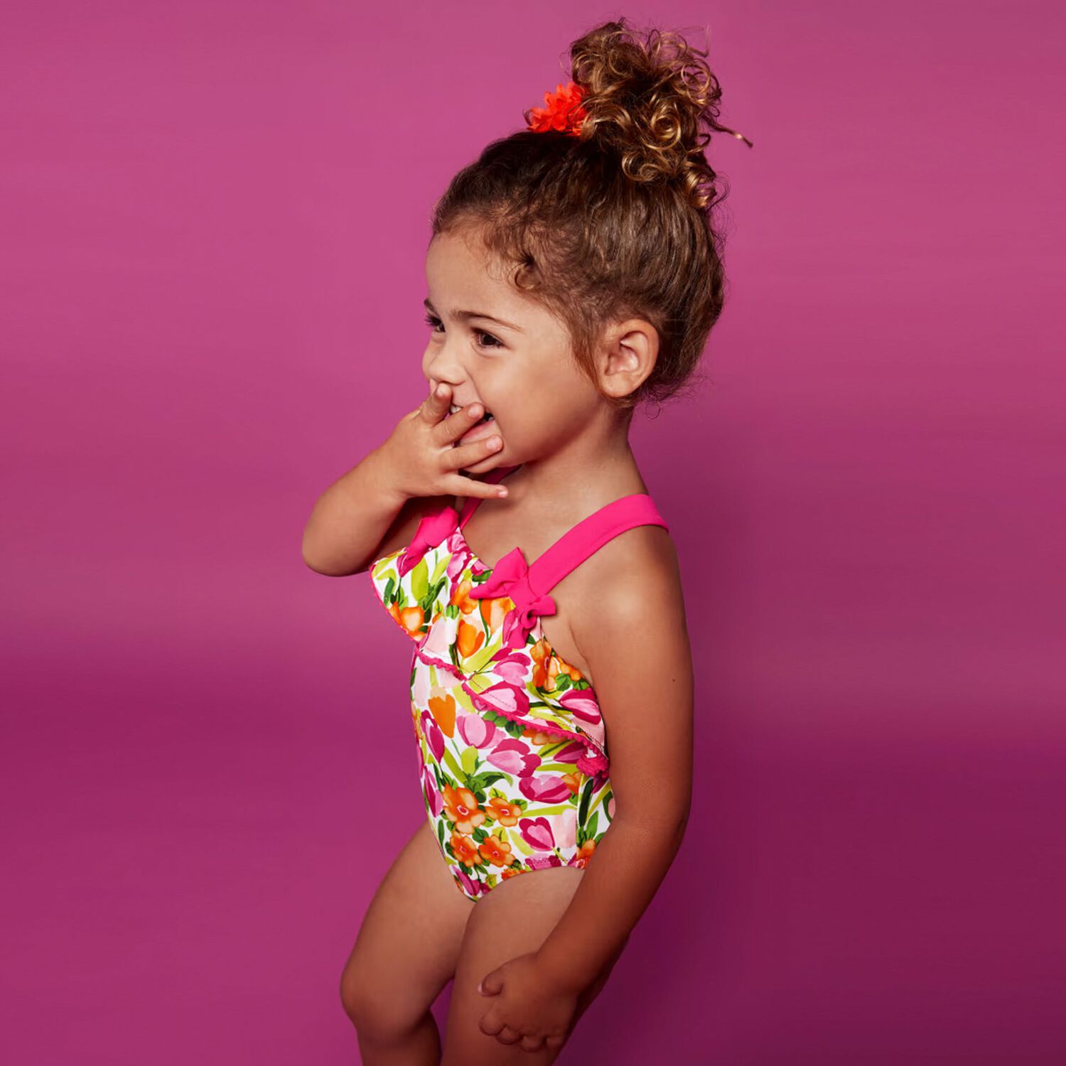 مايوه بنات بطبعة الزهور باللون الأخضر والوردي, 1, hi-res