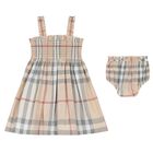 Baby Girls Pale Beige Check Dress Set, 1, hi-res