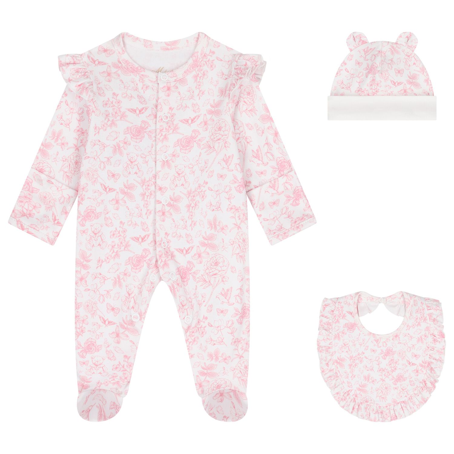 Baby Girls White & Pink Toile de Jouy Babygrow Set, 1, hi-res image number null