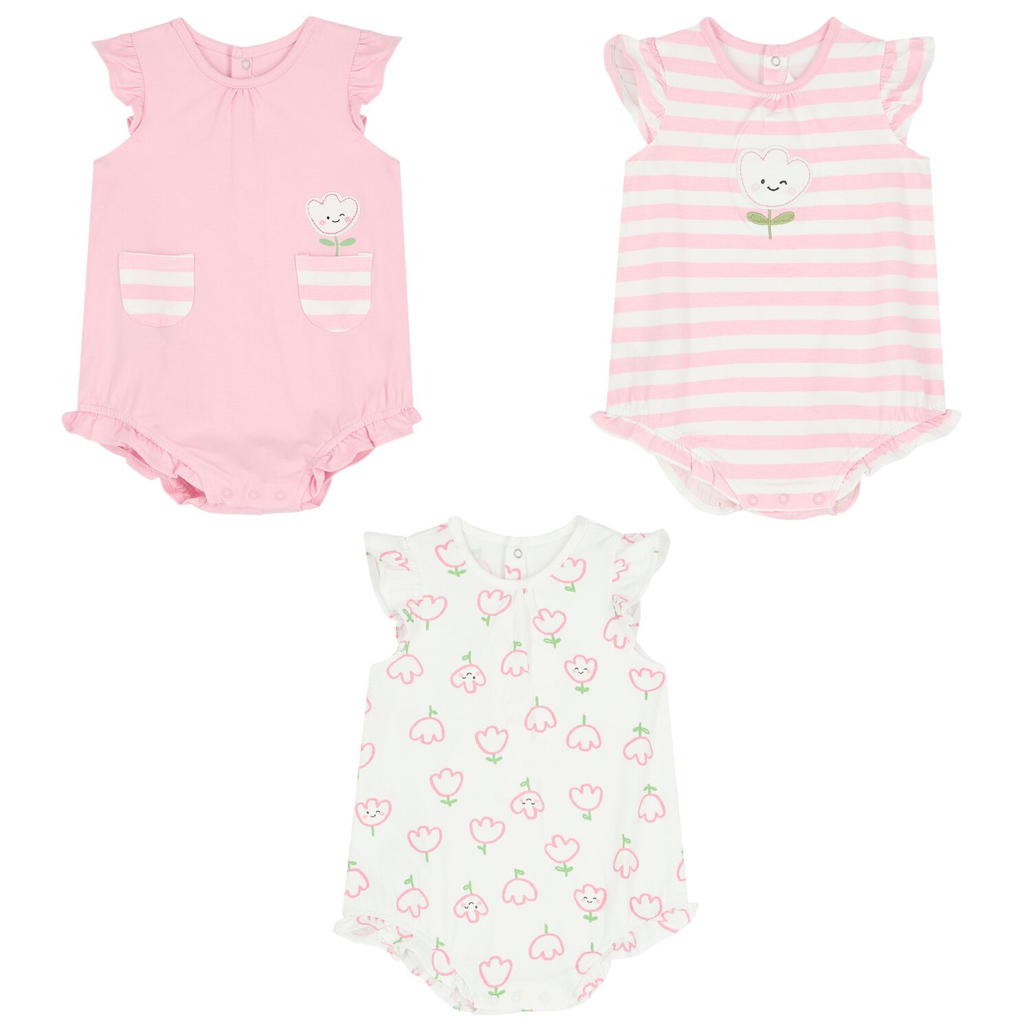 Baby Girls Pink & White Rompers ( 3-Pack ), 1, hi-res