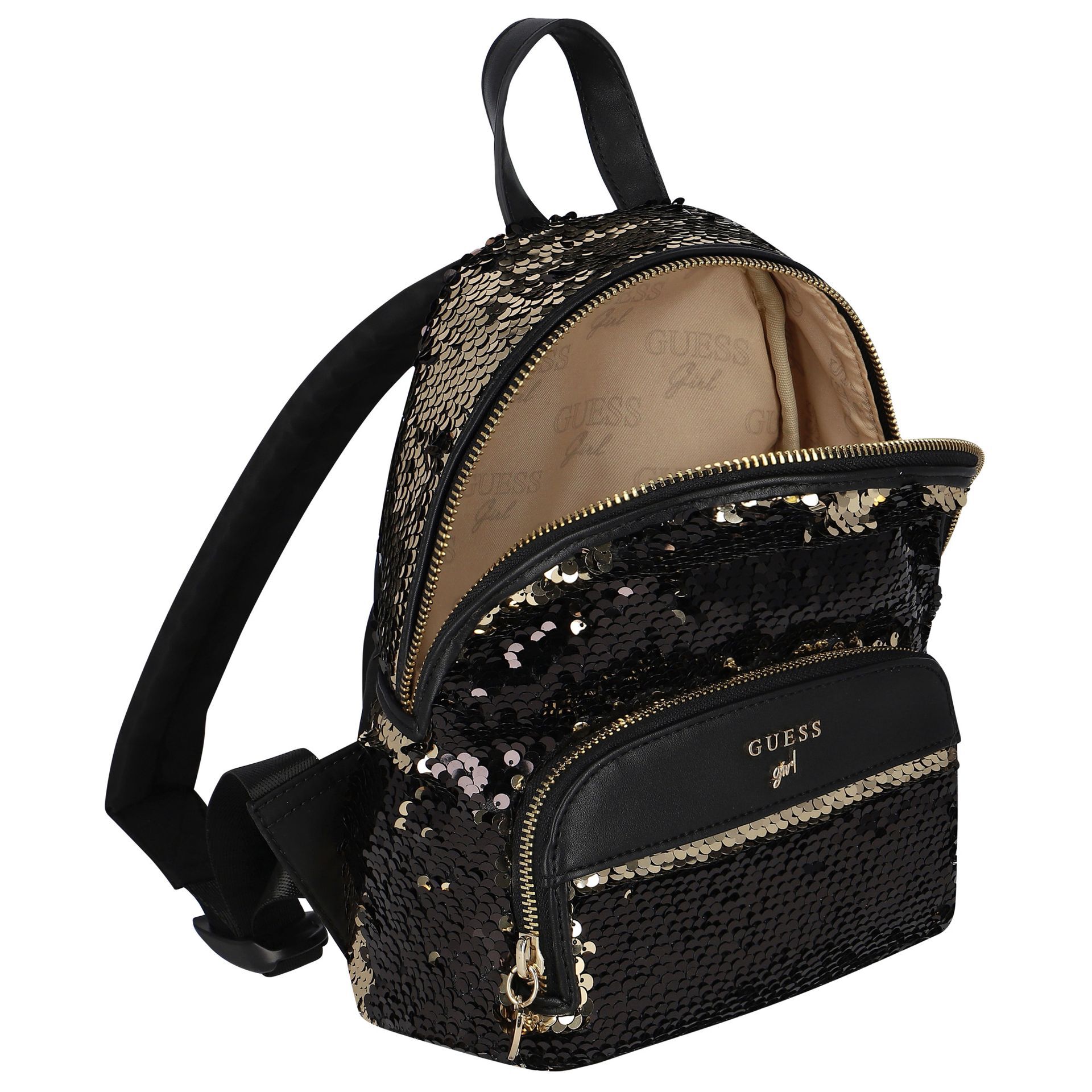 Guess Younger Girls Gold Black Logo Sequin Backpack Junior Couture UAE