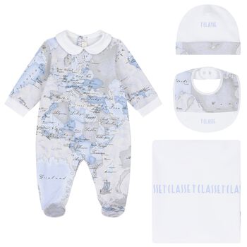 Baby Boys White & Blue Geo Map Babygrow Gift Set