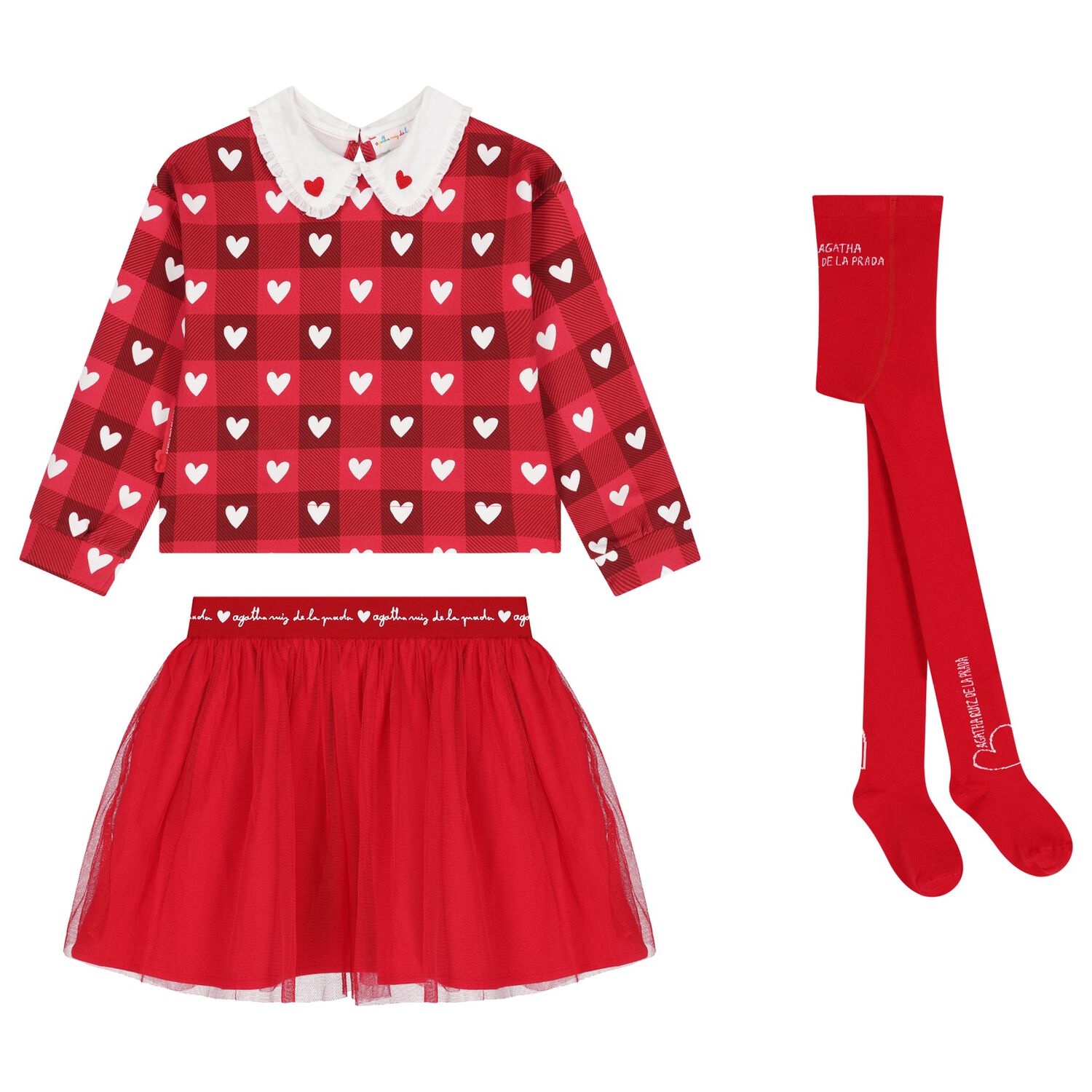 Girls Red Checked & Heart Skirt Set, 1, hi-res