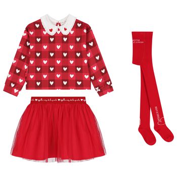Girls Red Checked & Heart Skirt Set