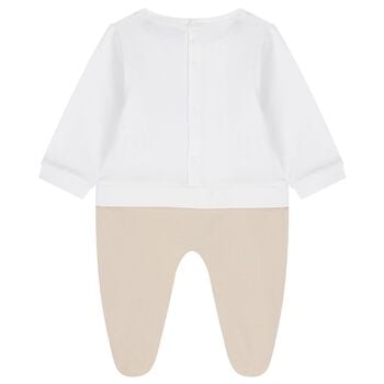 Baby Boys White & Beige Logo Babygrow