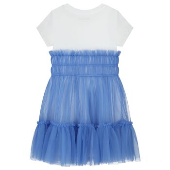 Girls White & Blue Logo Tulle Dress
