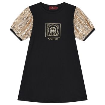 Girls Black & Gold Logo Dress