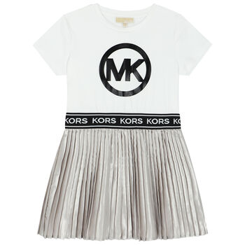 Girls White & Silver Logo Dress