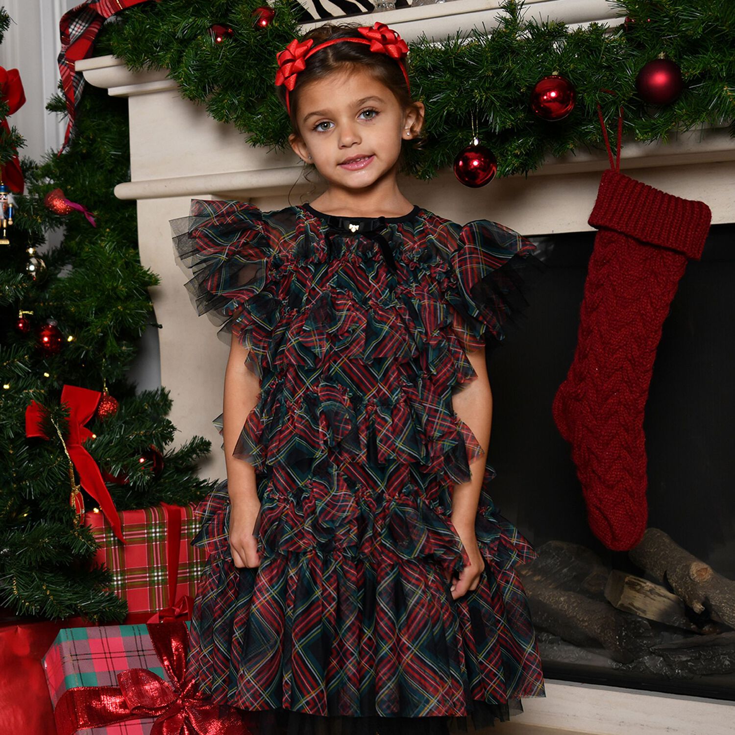 Girls Black, Green & Red Etta Tartan Tulle Dress, 1, hi-res