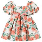 Girls Ivory & Orange Floral Satin Dress, 1, hi-res