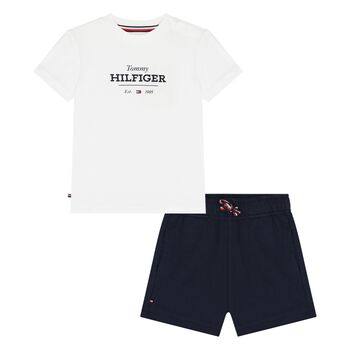 Younger Boys White & Navy Cotton Shorts Set
