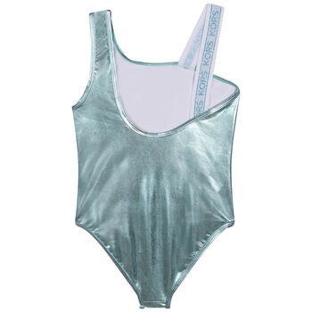 Girls Metallic Aqua Logo Swimsuit