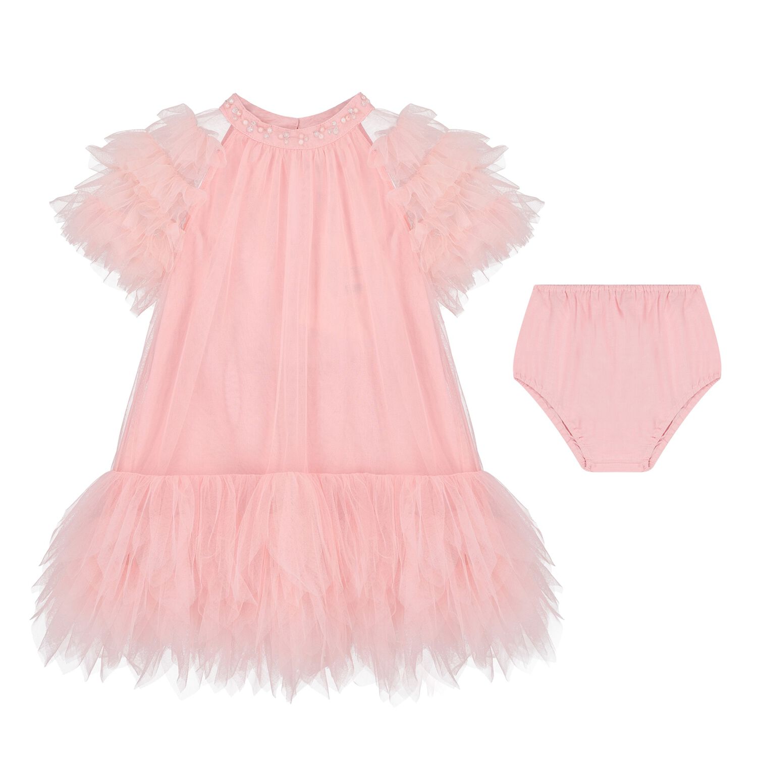 Baby Girls Pink Ruffled Tulle Dress Set, 1, hi-res