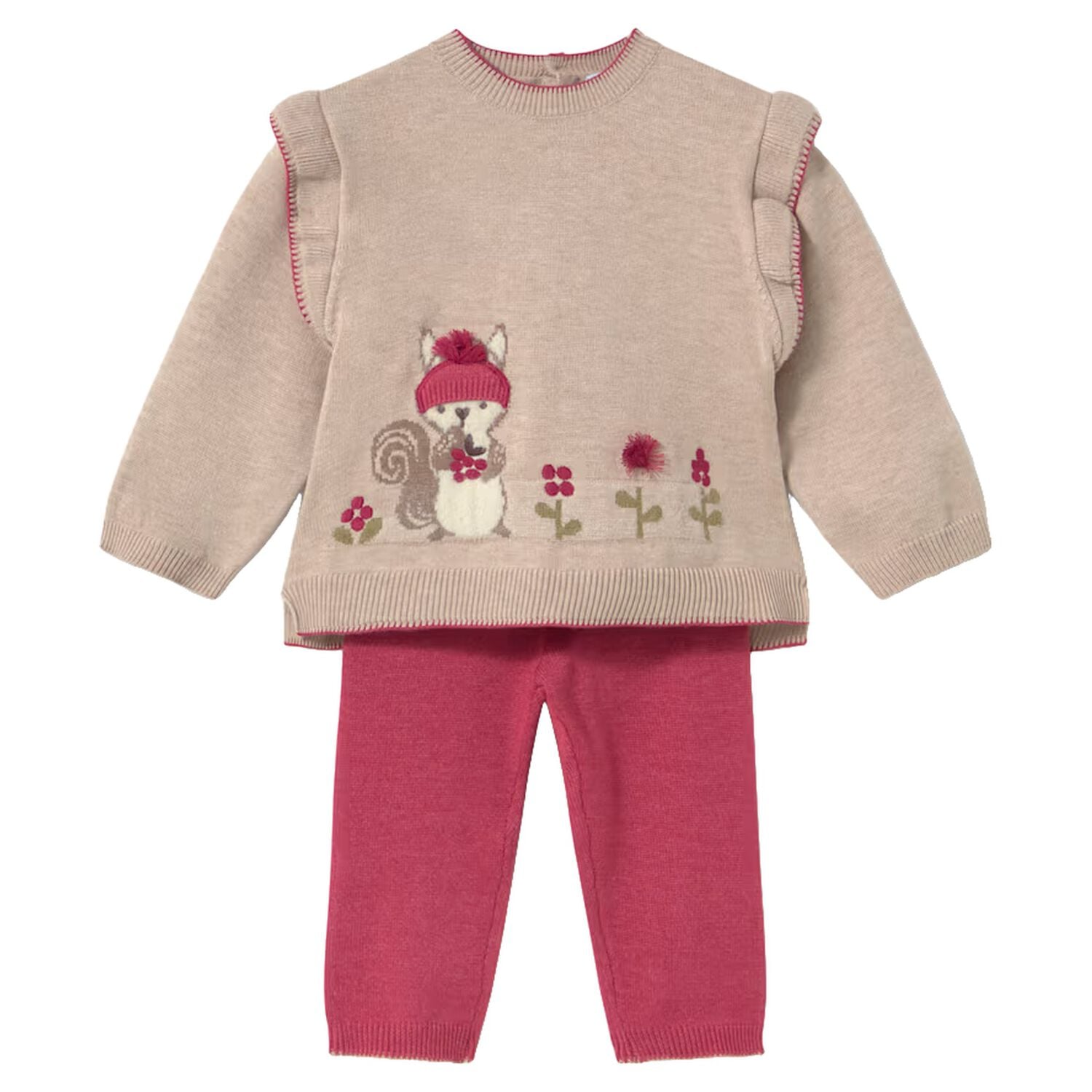 Younger Girls Beige & Pink Teddy Bear Knitted Tracksuit, 2, hi-res