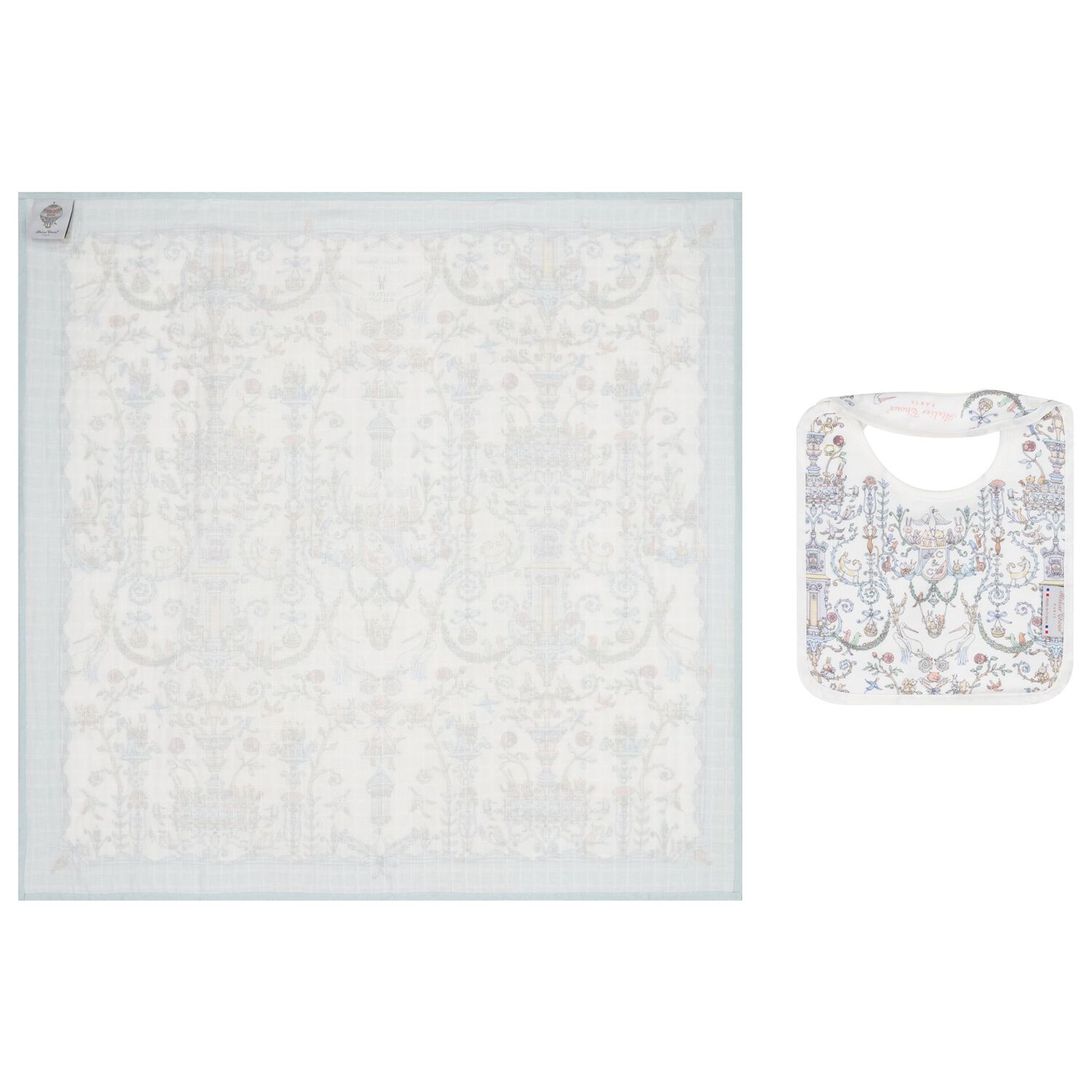Baby Boys White & Blue Toile de Jouy Carré Swaddle & Bib Gift Set, 1, hi-res
