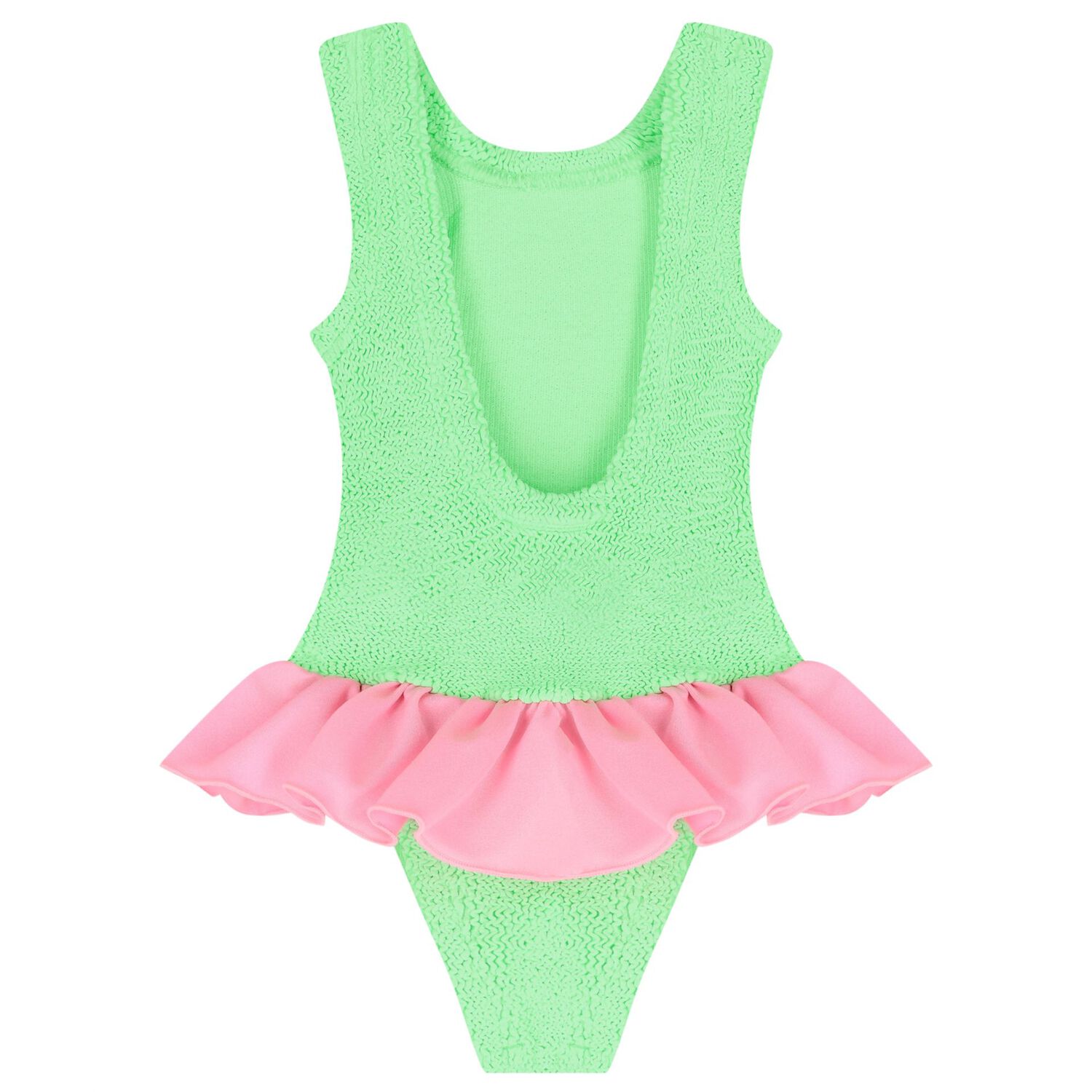 Girls Green & Pink Ruffle Crinkle Swimsuit, 3, hi-res