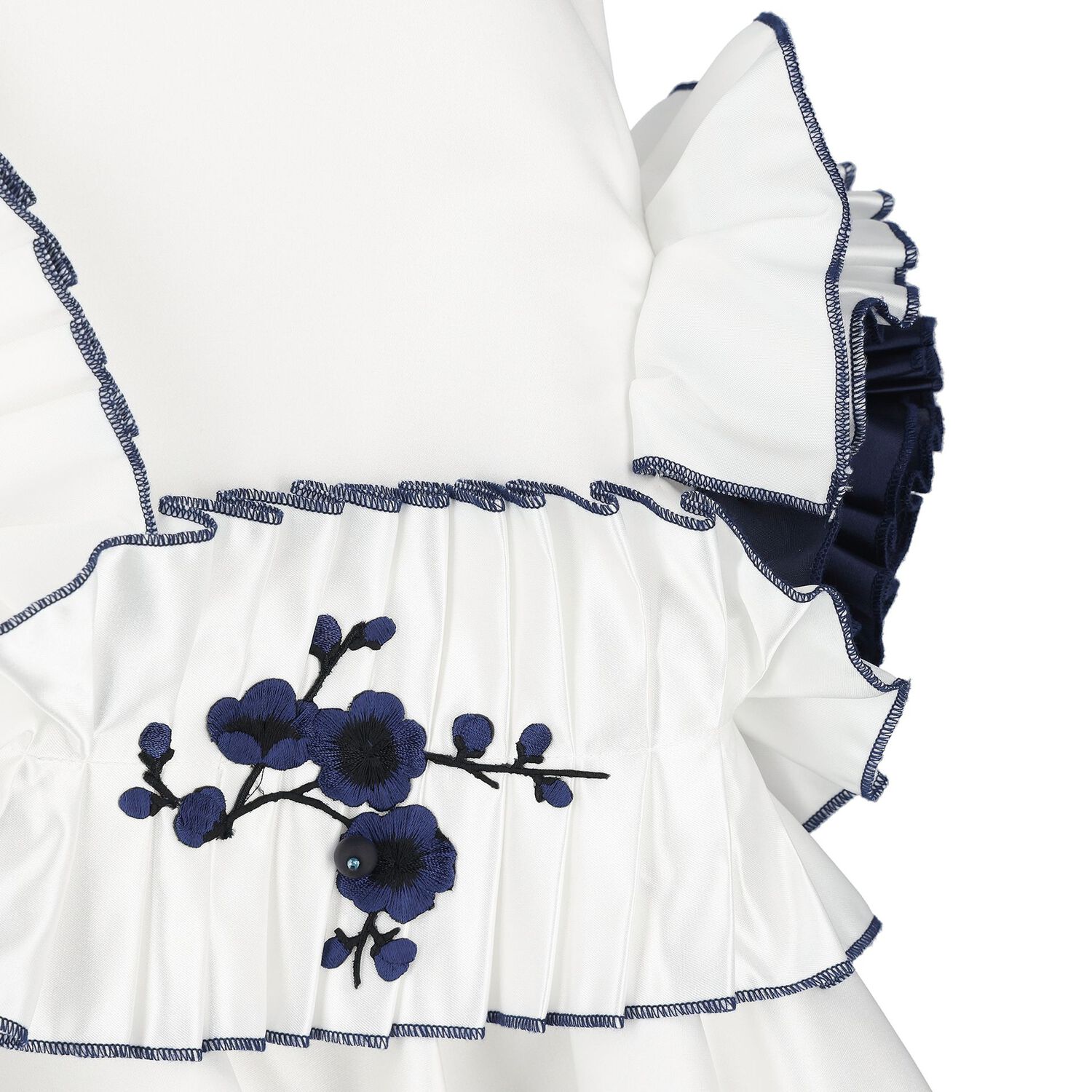 Girls White & Navy Blue Ruffled Dress, 1, hi-res