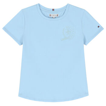 Girls Sky Blue Embroidered Logo T-Shirt