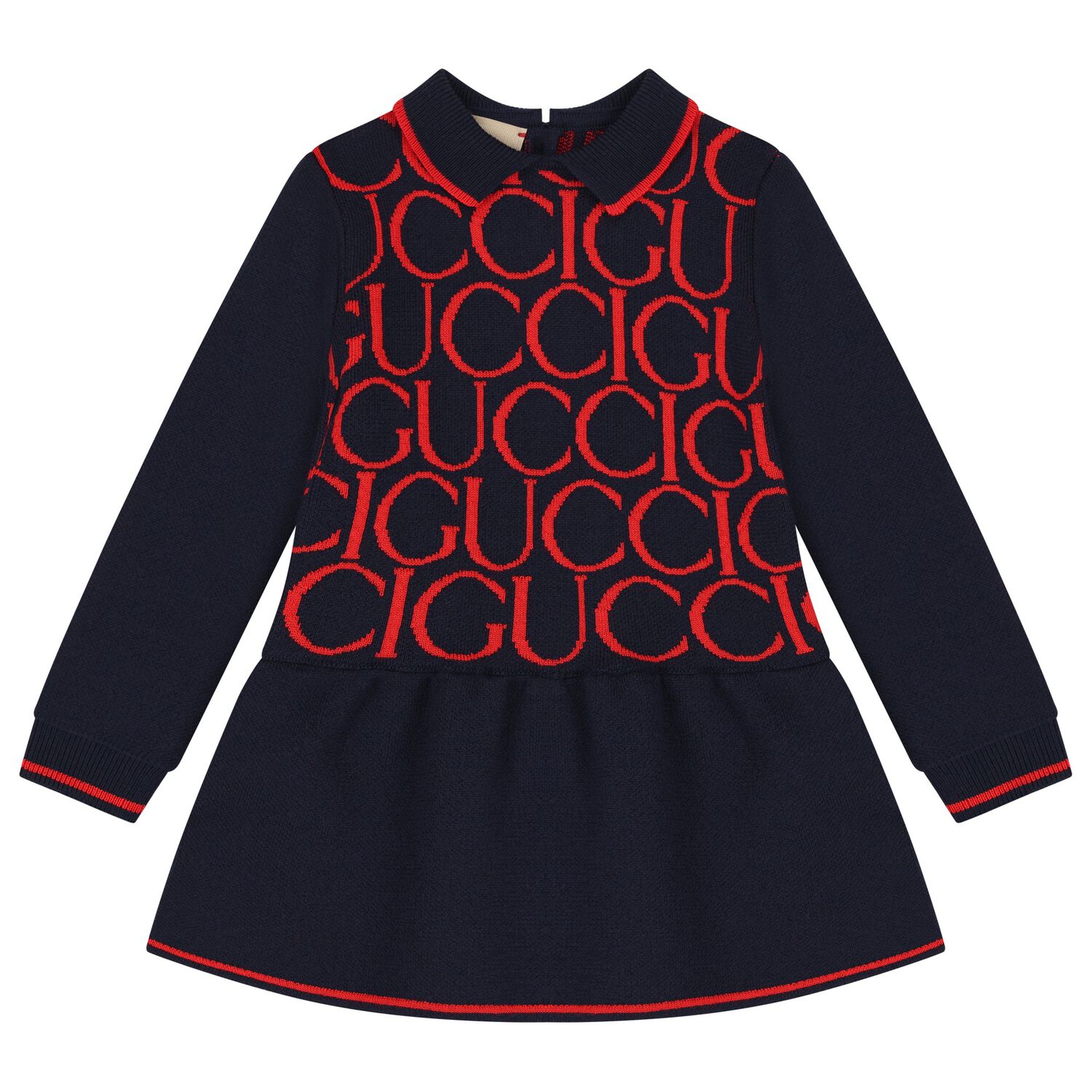 Younger Girls Navy Blue & Red Jacquard Dress, 1, hi-res