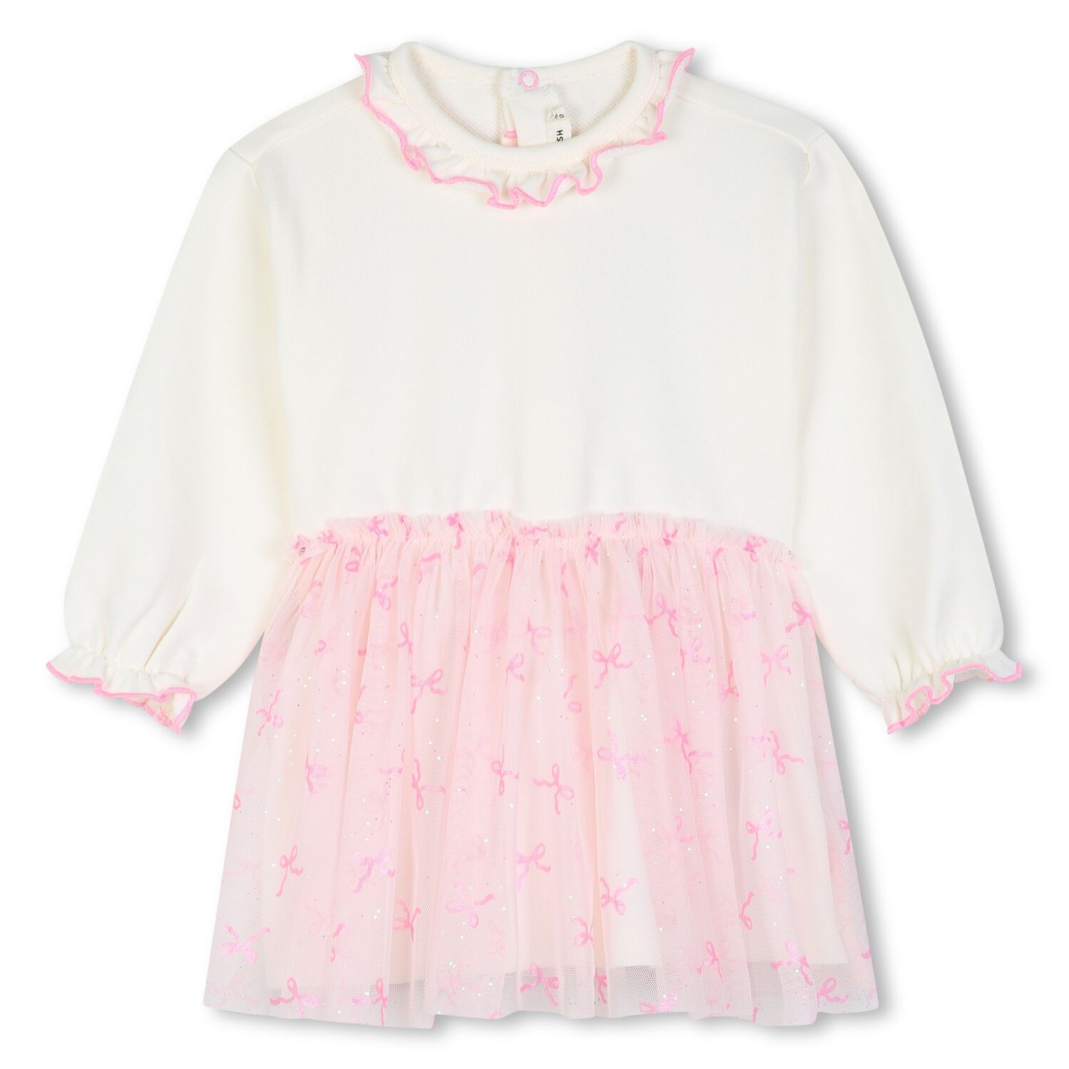 Younger Girls Ivory & Pink Bow Tulle Dress, 1, hi-res