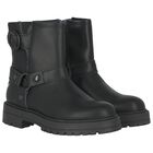 Girls Black Logo Leather Boots, 1, hi-res
