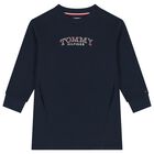 فستان سويت شيرت للبنات بالشعار مزين بالزهور باللون الكحلى , 1, hi-res