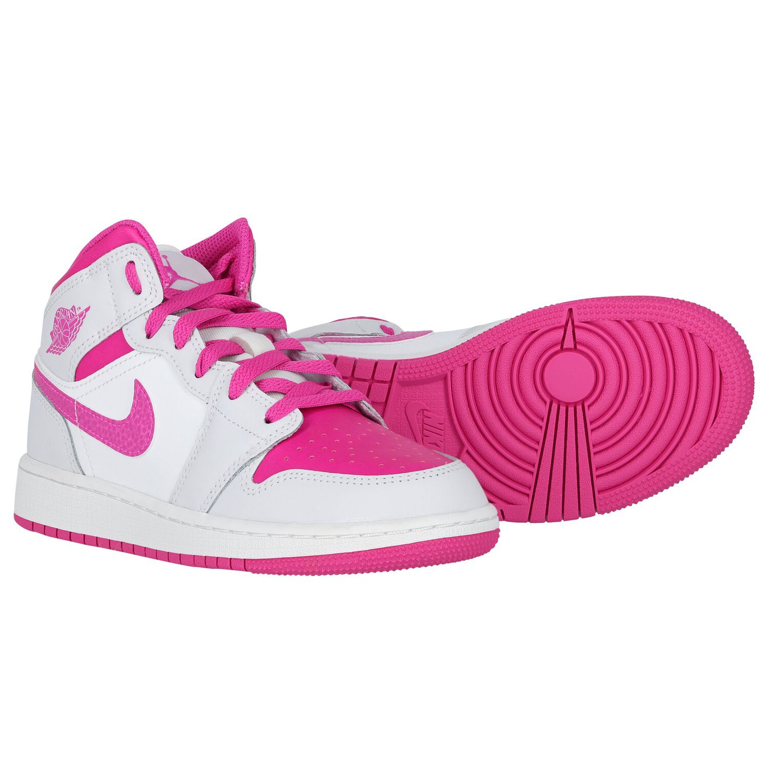 Girls White, Grey & Pink Air Jordan 1 Mid Trainers, 1, hi-res