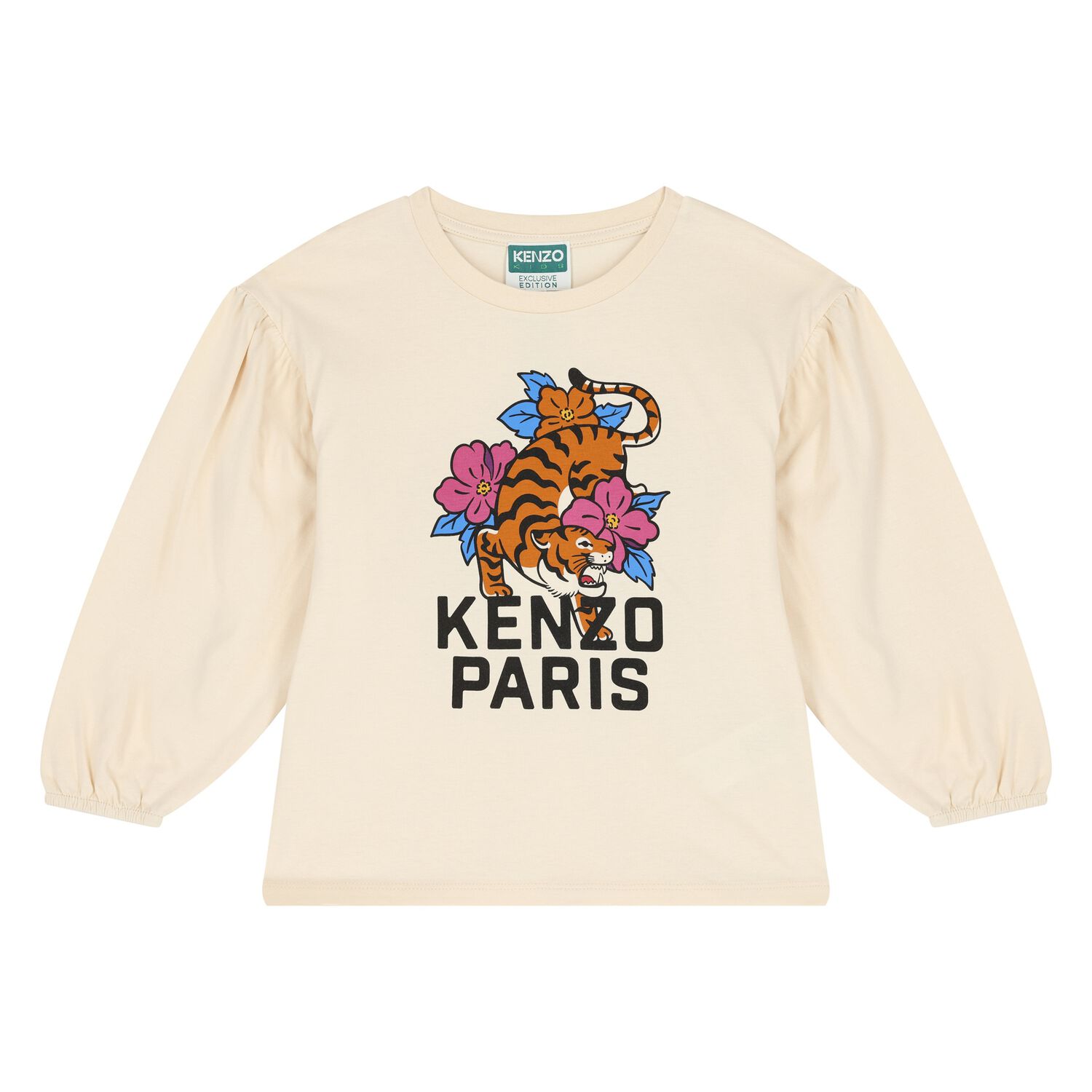 Girls Ivory Tiger Logo Long Sleeve Top, 1, hi-res