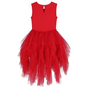 Girls Red Embellished Ruffled Tulle Dress 