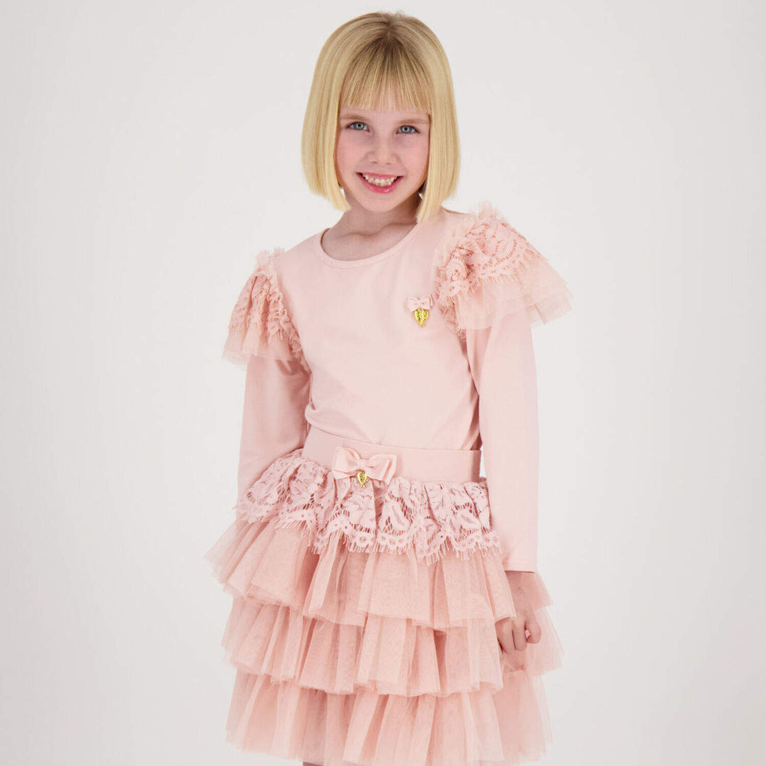 Girls Pink Lace Long Sleeve Top, 1, hi-res image number null