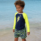Boys Navy Blue Shark Swim Shorts, 1, hi-res