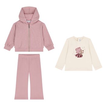 Younger Girls Ivory & Pink Cat 3 Piece Tracksuit