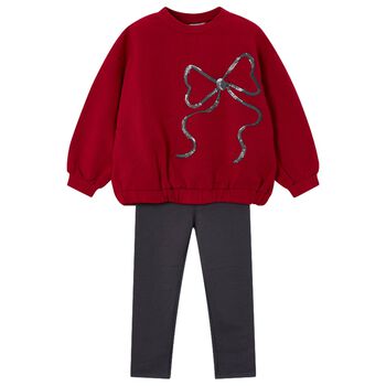 طقم ليجينز بنات مزين بفيونكه باللون الاحمر والرمادى