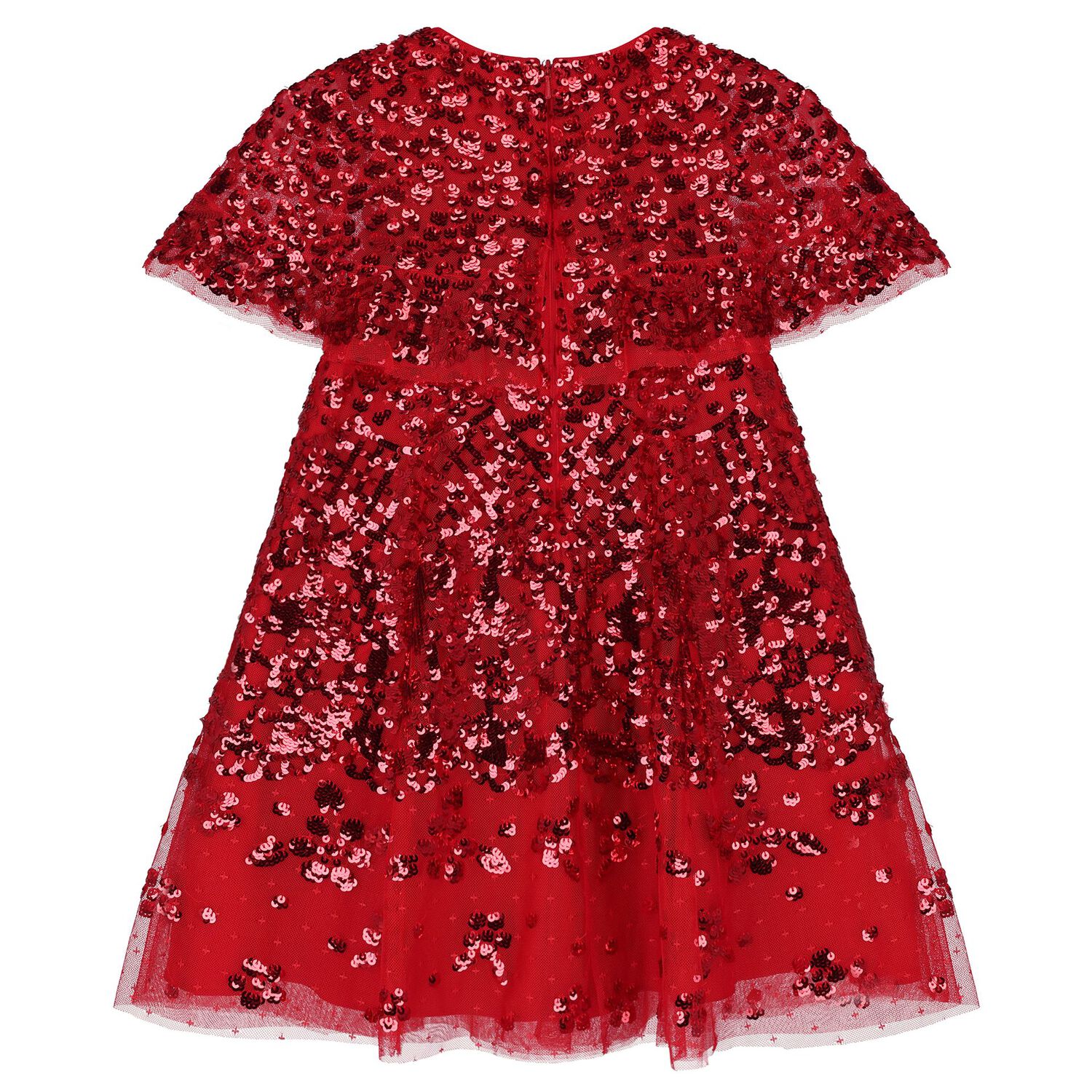 Girls Red Embellished Sequin Cape Dress, 1, hi-res