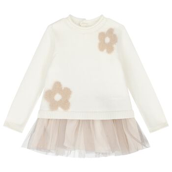 Baby Girls Ivory & Beige Knit & Tulle Flower Dress