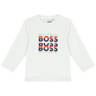 Younger Boys White Logo Long Sleeve Top, 3, hi-res