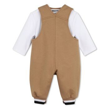 Baby Boys Beige & White Logo Dungaree Gift Set