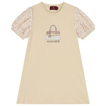Girls Beige Bag Logo Dress