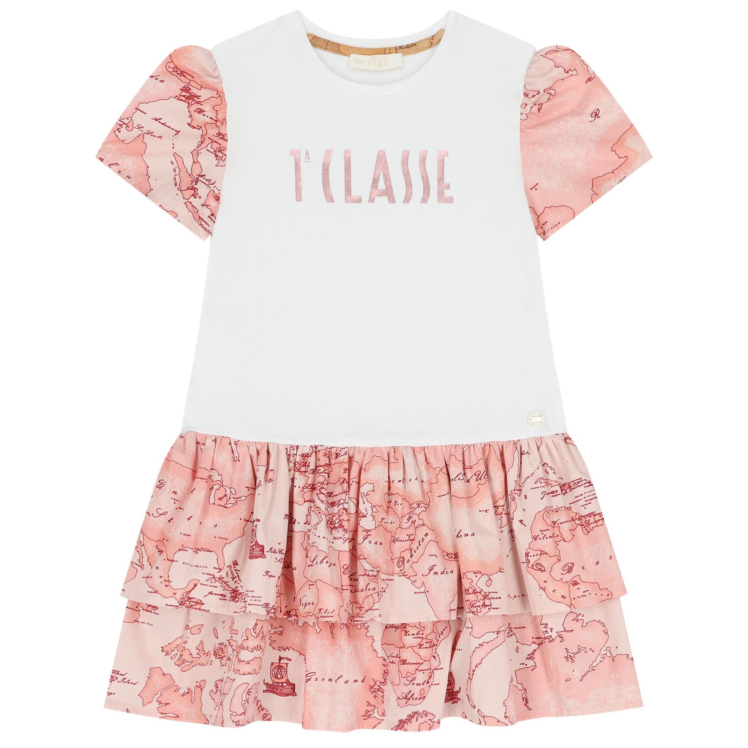 Girls White & Pink Geo Map Dress, 1, hi-res