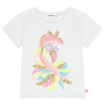 Girls White Sequin Flamingo T-Shirt 