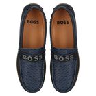 Boys Navy Blue Logo Moccasins, 2, hi-res