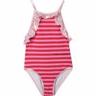 Girls Pink & Red Striped Logo Swimsuit, 1, hi-res