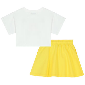Girls White & Yellow Teddy Logo Skirt Set