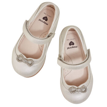 Younger Girls Silver Diamante Bow Shoes